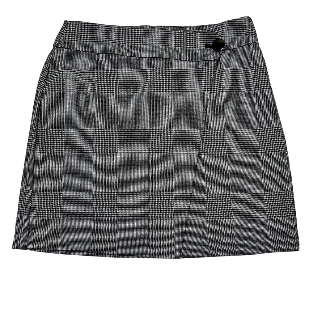 LOFT‎ Gray Black Plaid Wrap Button Mini Skirt 8 Career Officecore Preppy